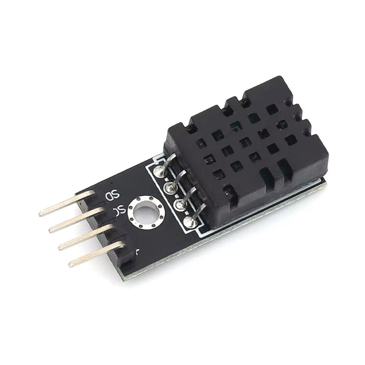 Kompakt DHT20 digitális szenzor modul I2C csatlakozással, fekete érzékelőházzal, fejlesztőpaneles méréshez és páratartalom figyeléséhez.