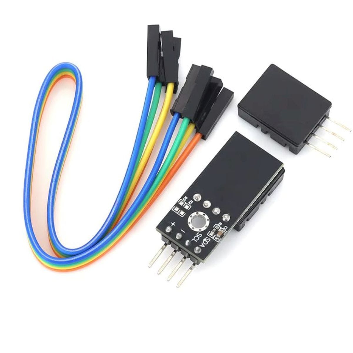 DHT20 digitális hőmérséklet- és páratartalom-szenzor modul tüskesorral, I2C bekötéshez, Arduino alapú környezeti mérési projektekhez.