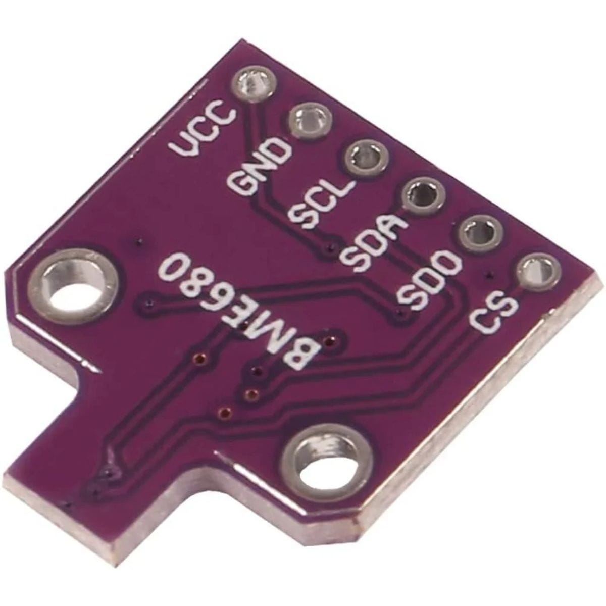 BME680 szenzorpanel hátoldala látható ferde nézetben; a vezetősávok, forrszemek és a VCC, GND, SCL, SDA, SDO, CS feliratok jól kivehetők elektronikai modul vizsgálatához.
