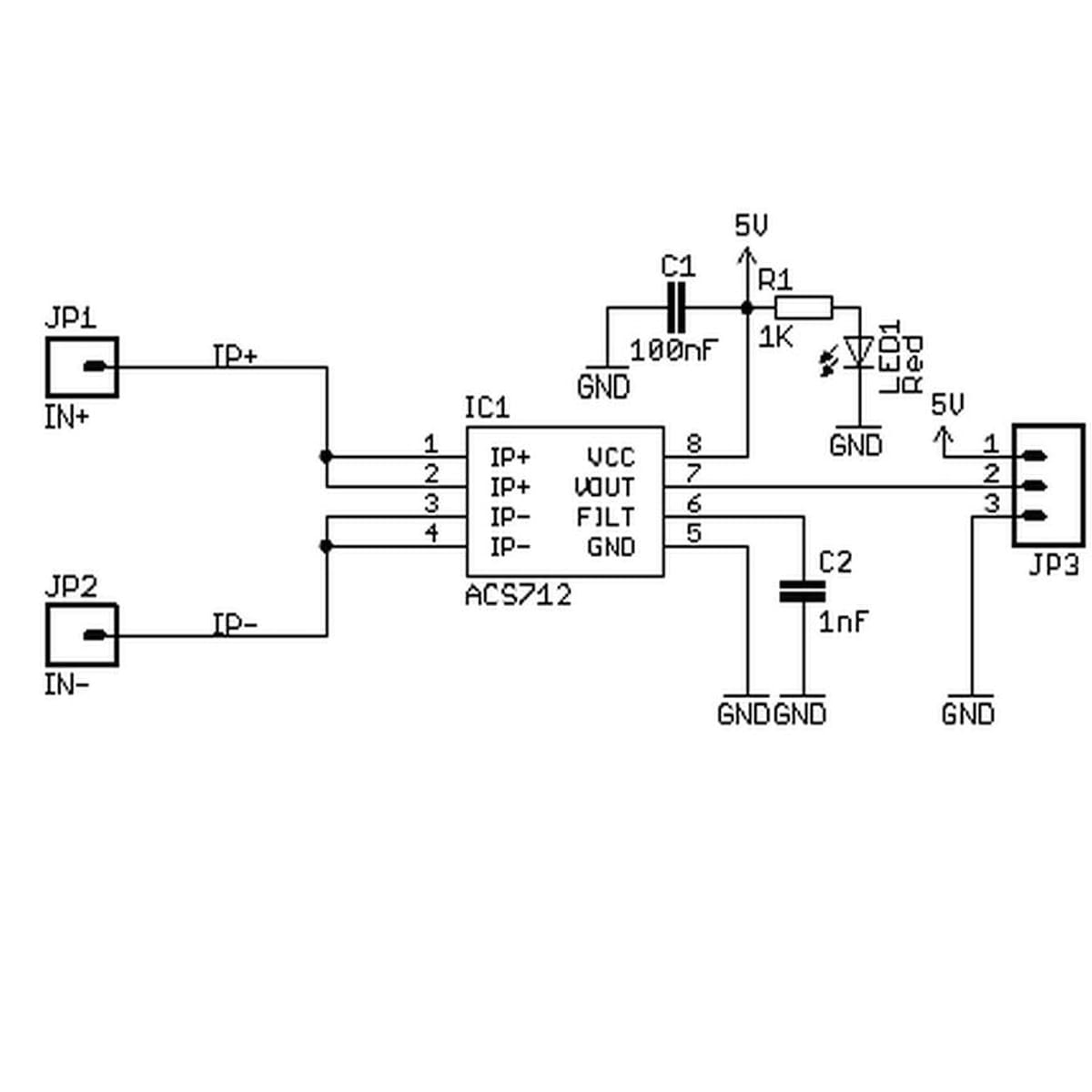 Kisméretű GY-712 árammérő szenzor panel ACS712 jellegű chippel, csavaros kapoccsal és mikrokontrollerhez vezethető analóg kimenettel.
