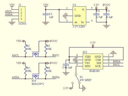 Egy BMP280 modul látható, amely 5 V-os rendszerekkel kompatibilis I²C szintillesztővel; az eszköz hőmérséklet‑ és nyomásmérő, gyakorlatias, műszaki hangulatú megjelenéssel. - Kapcsolási rajz