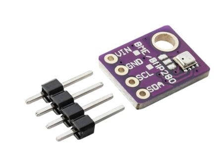 Egy BMP280 modul látható, amely 5 V-os rendszerekkel kompatibilis I²C szintillesztővel; az eszköz hőmérséklet‑ és nyomásmérő, gyakorlatias, műszaki hangulatú megjelenéssel.