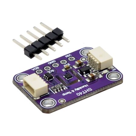 SHT40 hőmérséklet- és páratartalom-érzékelő modul kis panelen, jelölt I2C csatlakozási pontokkal, Arduino projekt kezdőknek és környezeti méréshez alkalmas mikrokontrolleres alkatrészként otthoni automatizálási feladatokhoz és adatgyűjtéshez.