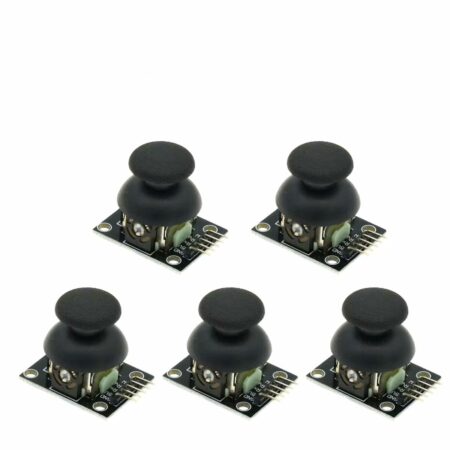 KY-023 joystick modul lenyomható kezelőkarral és tüskesoros csatlakozással, Arduino projekt kezdőknek kézi irányítás és analóg bemenet kipróbálásához.