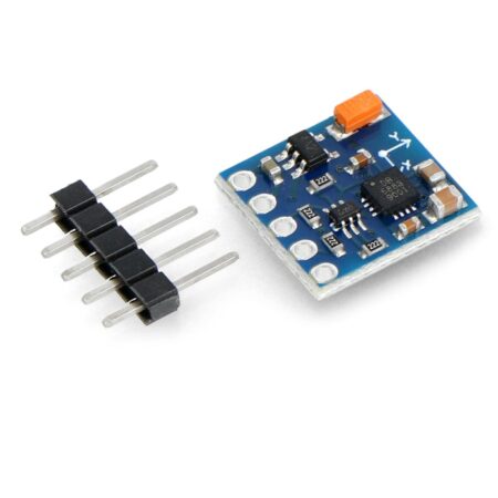 Kék GY-271 QMC5883L iránytű szenzor modul külön 5 tűs tüskesorral, fehér háttéren, SMD alkatrészekkel, fekete érzékelőchippel és tengelyjelölésekkel Arduino navigációs projektekhez és mikrokontrolleres vezérléshez kísérletekhez.