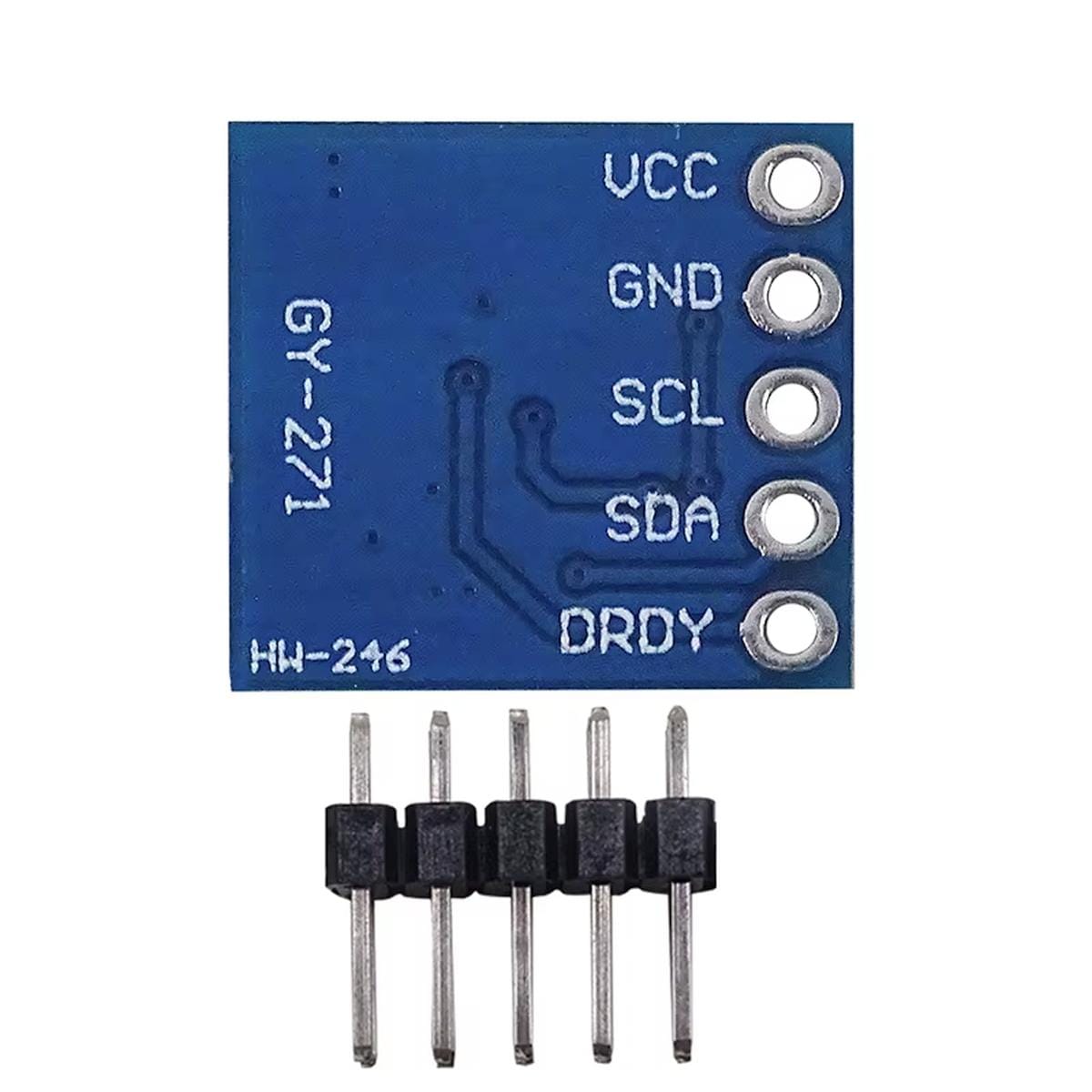 GY-271 QMC5883P háromtengelyű mágneses iránytűmodul hátoldala VCC, GND, SCL, SDA és DRDY jelölésekkel, valamint külön öt tűs tüskesorral I²C alapú mikrokontrolleres tájolási és mágnesestér-mérési projektekhez.