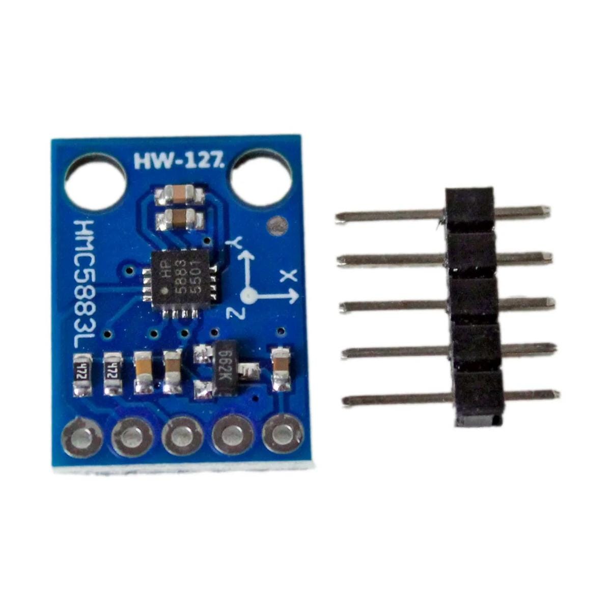 GY-273 QMC5883L háromtengelyes magnetométer modul kék nyomtatott áramköri lapon, I²C csatlakozási pontokkal és tengelyjelöléssel, mikrokontrolleres iránytű- és mágneses térmérési projektekhez, Arduino és ESP32 vezérlésekben használva.