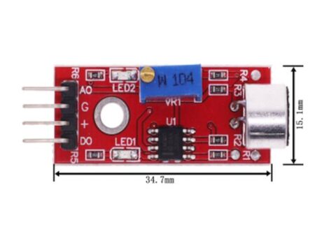 Egy KY‑037 mikrofonérzékelő modul nagyobb méretű elektret mikrofonnal és négytűs kimenettel, zaj- és hangérzékeléshez Arduinohoz és egyéb mikrokontrollerekhez.