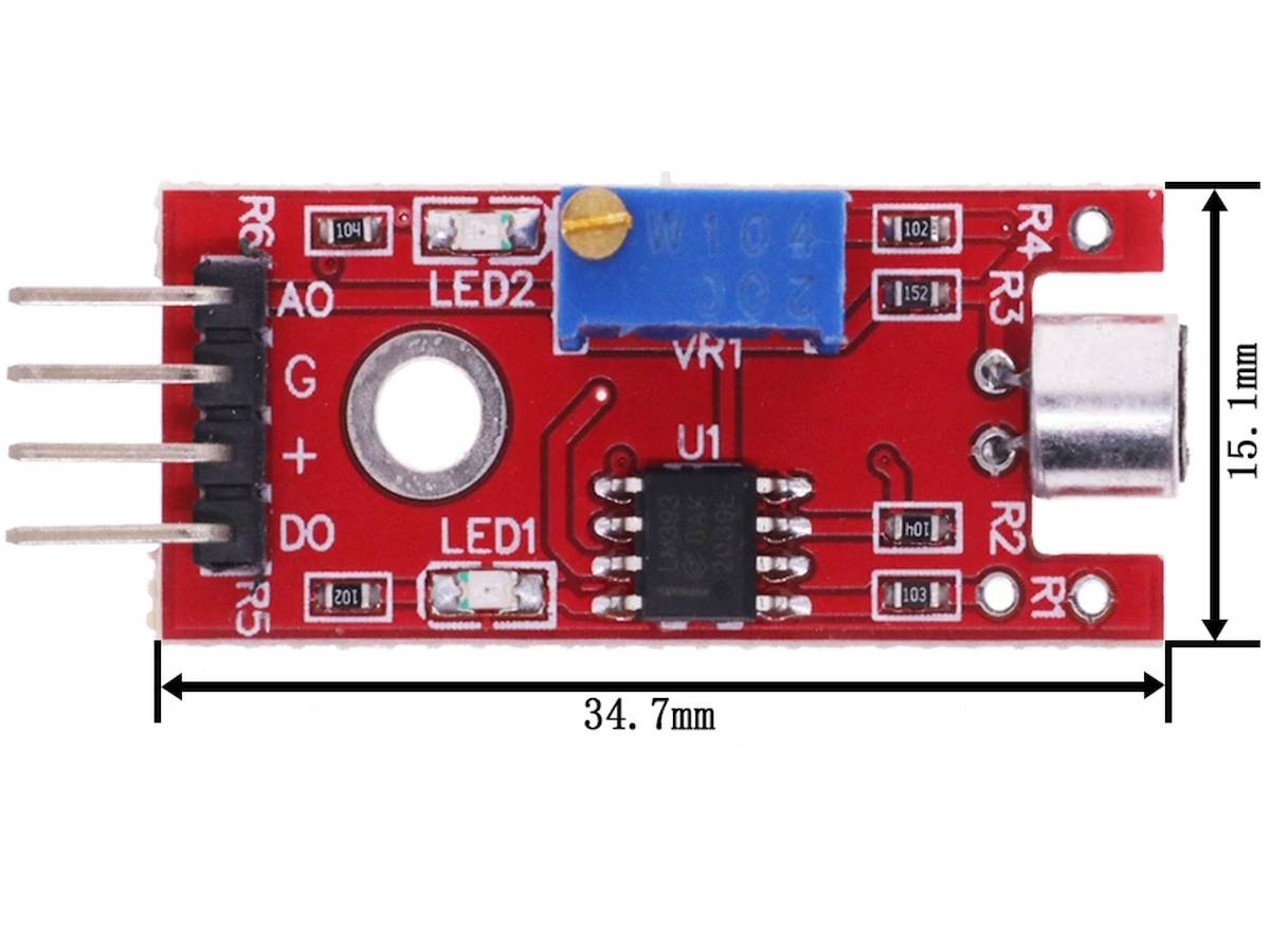 A KY‑038 egy kis méretű PCB‑modul, amelyen elektret kondenzátoros mikrofon és elektronika található — a modul képes hangot érzékelni és analóg vagy digitális jelet kiadni. Ideális mikrokontrolleres projektekhez, mint zajriasztó vagy egyszerű hangdetektor.