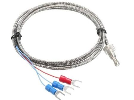 PT100 hőmérséklet‑érzékelő rozsdamentes acél házban, M6 menetes szondával és 1 méteres 3‑vezetékes kábellel.