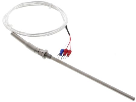 Egy M8 menetes, 200 mm hosszú PT100 RTD hőmérséklet-érzékelő 3 vezetékes kialakítással és 2 méteres csatlakozókábellel, ideális precíziós ipari vagy Arduino-projektekhez.