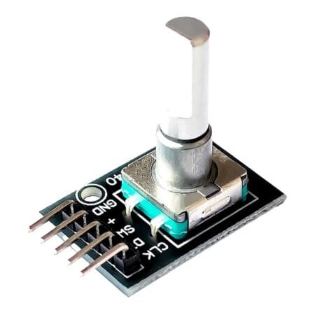 KY-040 inkrementális rotary encoder modul menetes tengellyel, beépített nyomógombbal és CLK–DT–SW csatlakozással, mikrokontrolleres vezérléshez, menük navigálásához és léptetett beállítások kezeléséhez, előlapba szerelhető mechanikus kezelőszervként Arduino projektekben.