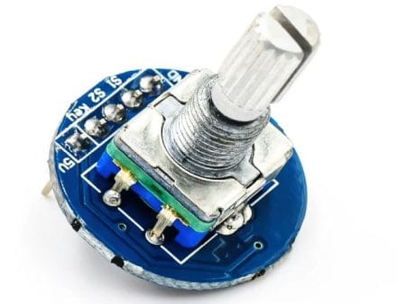 Egy menetes tengelyű, kör alakú rotary encoder modul, nyomógombbal kombinált forgató jeladó, Arduino és mikrokontrolleres projektekhez. Ez egy rotary encoder modul Arduino-hoz, menetes forgó jeladó.