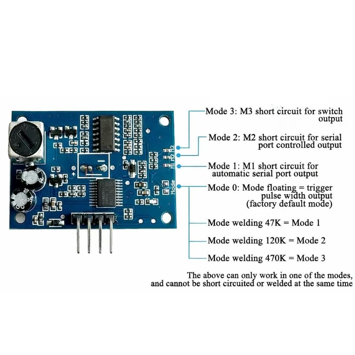 JSN-SR04T-V3.3 ultrahangos távolságmérő vezérlőpanel üzemmódválasztási ábrája, M1, M2 és M3 konfigurációs pontokkal, soros kommunikációs és impulzuskimeneti beállításokkal.