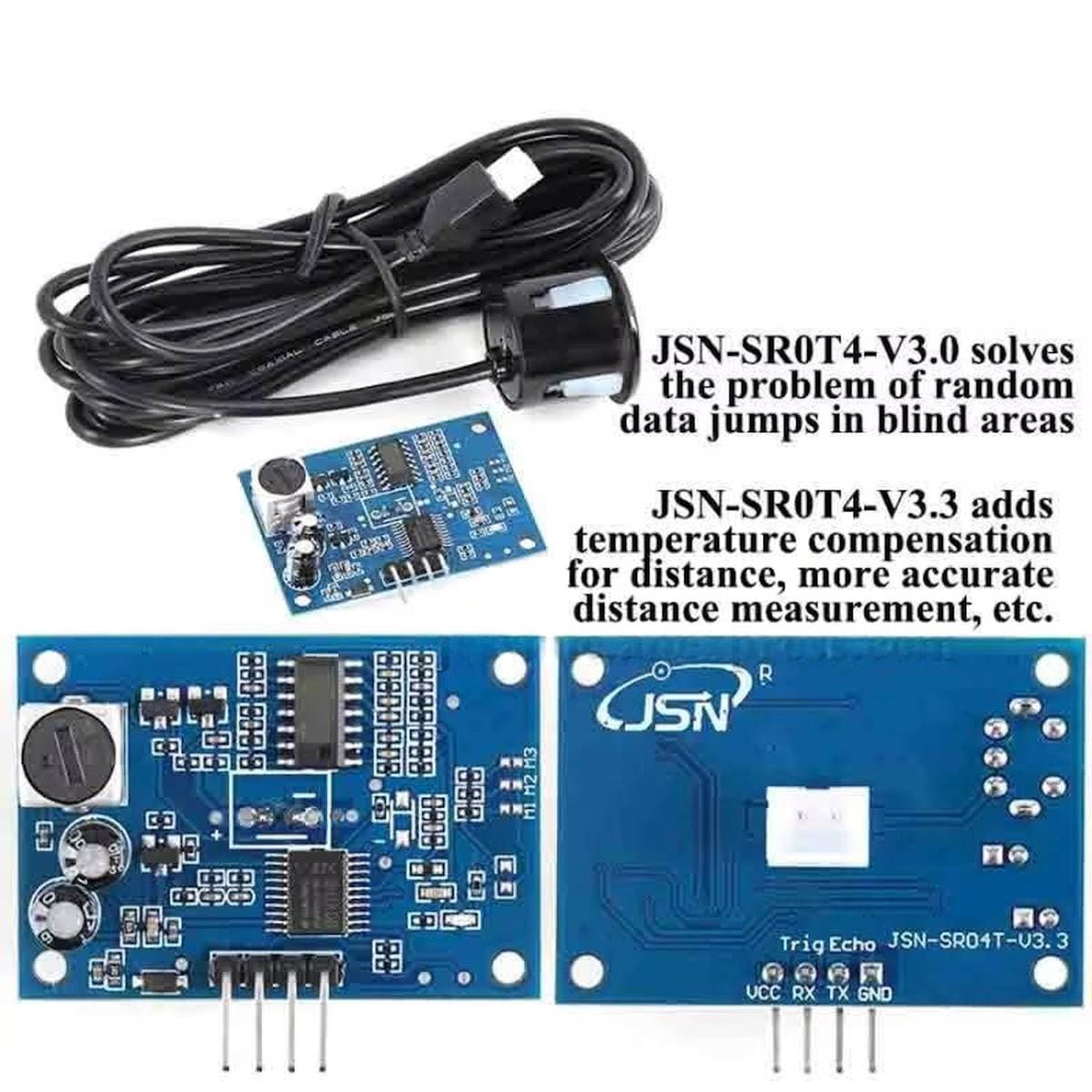 JSN-SR04T-V3.3 vízálló ultrahangos távolságmérő hosszú kábeles érzékelőfejjel és vezérlőpanellel, valamint a V3.0 és V3.3 változatok közötti fejlesztéseket ismertető grafikával.