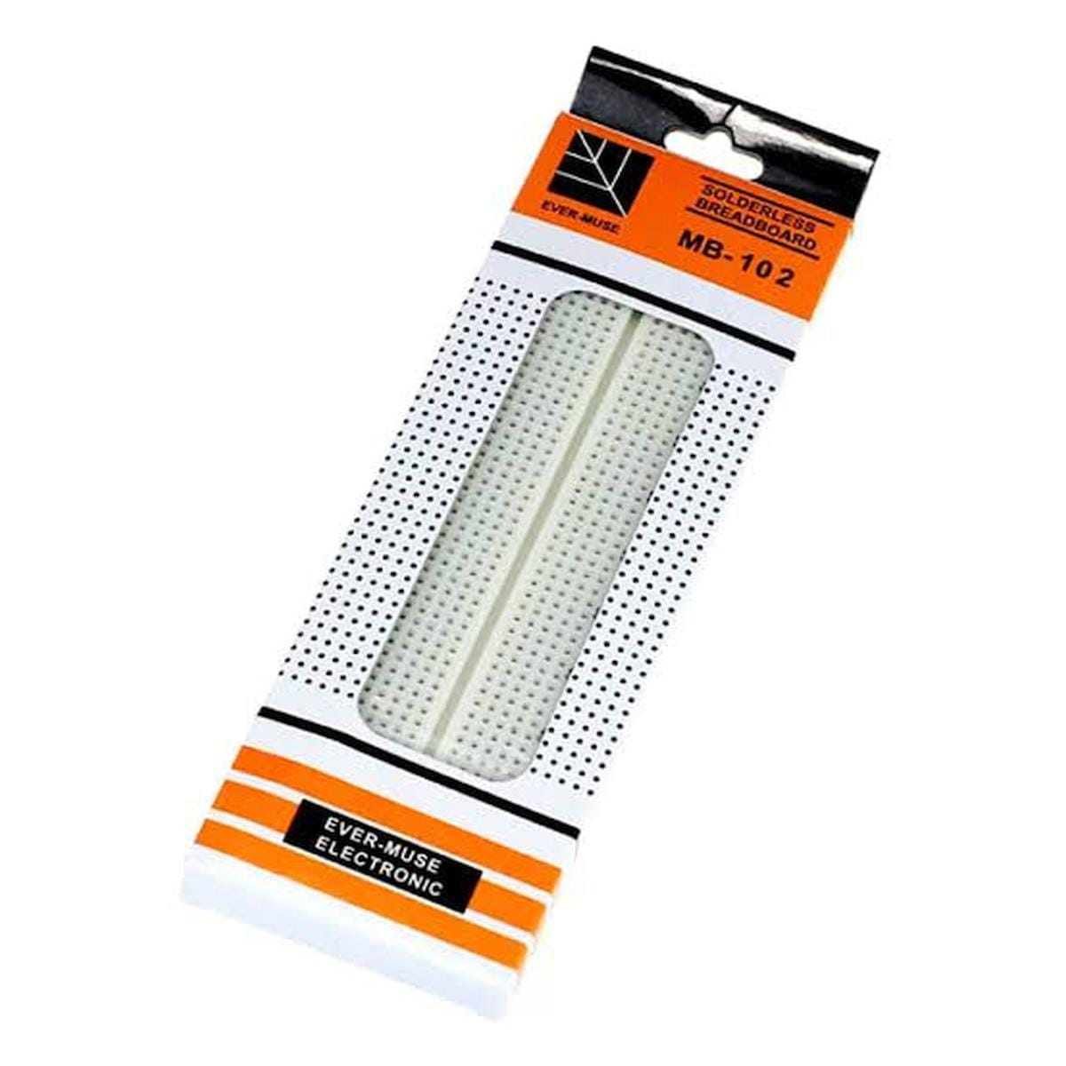 MB-102 breadboard és csomagolása nagyon lapos oldalnézetből, amely a forrasztásmentes próbapanel kis magasságát és hosszú, keskeny kialakítását szemlélteti fehér háttéren.