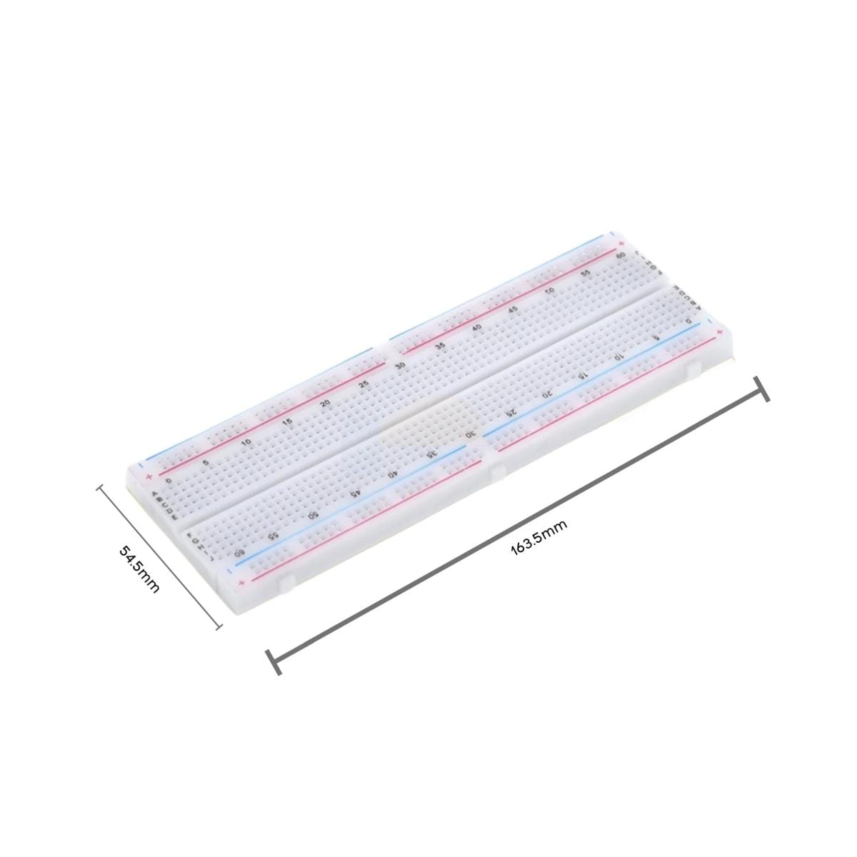 830 lyukas forrasztásmentes breadboard méretjelöléssel, körülbelül 163,5 milliméter hosszú és 54,5 milliméter széles kivitelben, prototípusok mechanikai helyigényének tervezéséhez.