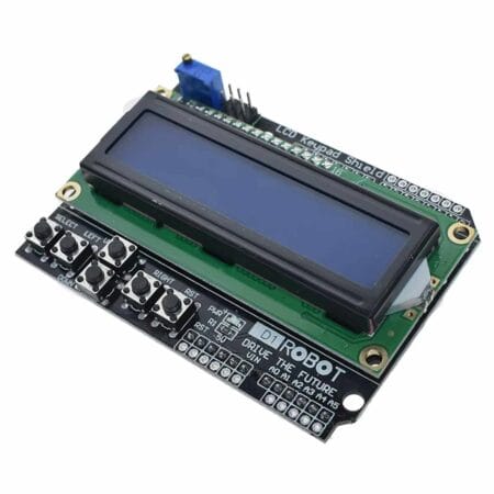 LCD Keypad Shield Arduinohoz, amely kijelzővel és több nyomógombbal biztosít felhasználói interfészt elektronikai projektekhez.