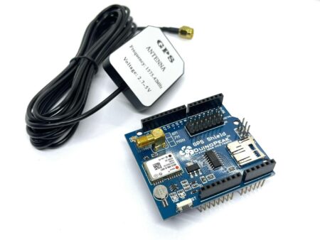 Arduino GPS Shield NEO-6M modullal, külső antennával és microSD foglalattal, pontos helymeghatározáshoz és AI-alapú adatnaplózáshoz IoT rendszerekben.