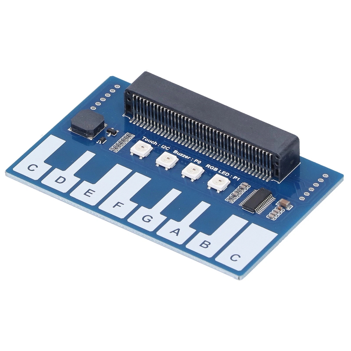 Mini zongora bővítőpanel micro:bit projektekhez, hangkeltő buzzerrel, RGB LED-ekkel és egyszerű vezérléssel, tantermi kódoláshoz.