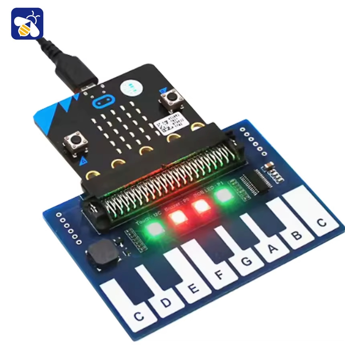 Mini Piano Music Expansion Board micro:bit panelhez, zongoraszerű vezérléssel, hangjelzéssel és RGB fényekkel, oktatási elektronikai projektekhez.