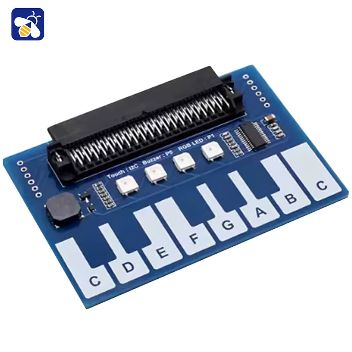 BBC micro:bit kompatibilis mini piano expansion board, billentyűs zenei vezérléssel, buzzerrel és RGB LED-ekkel, kezdő maker projektekhez.