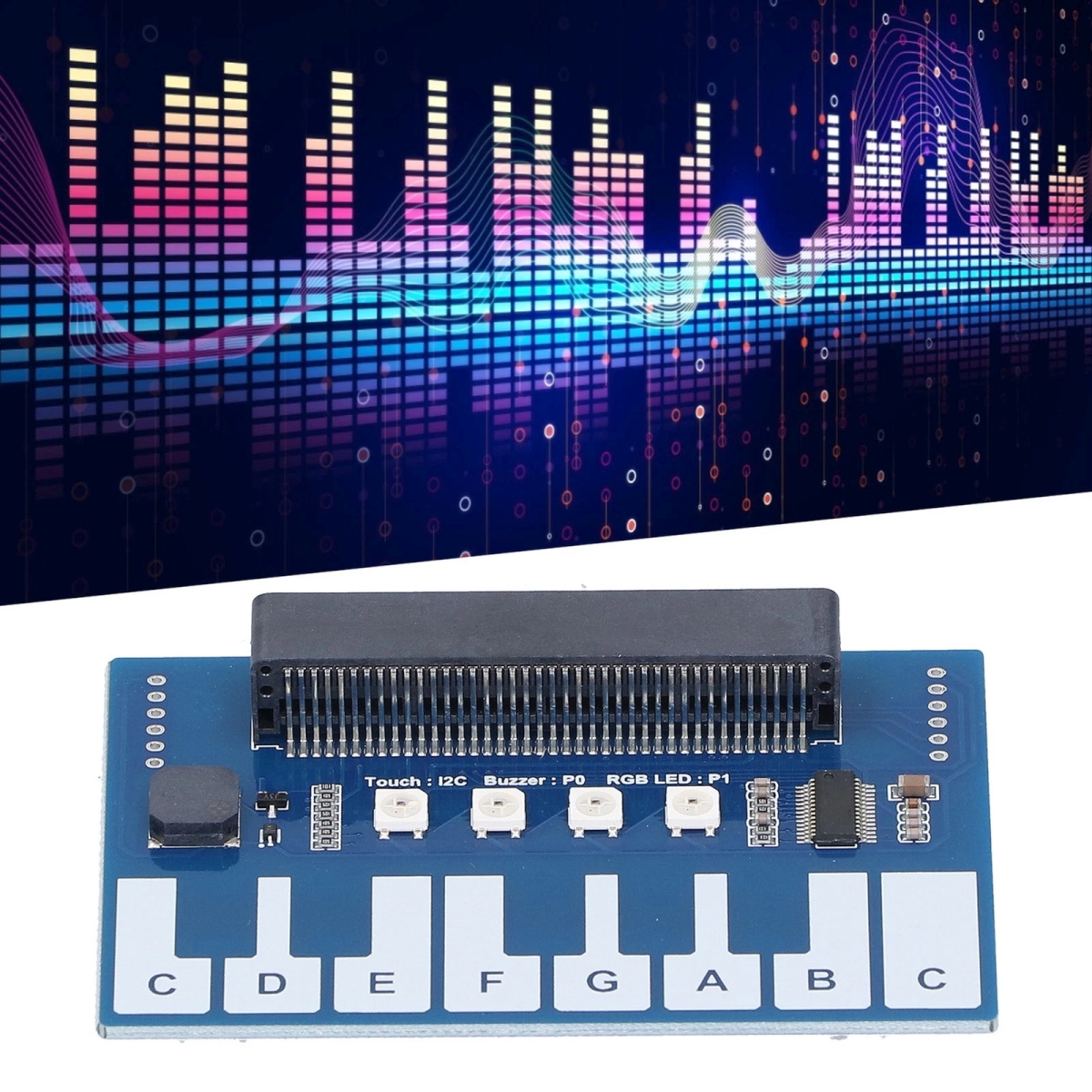 micro:bithez készült zenei bővítőpanel mini zongora elrendezéssel, buzzer hangkeltéssel és RGB visszajelzéssel, kreatív programozási gyakorláshoz.