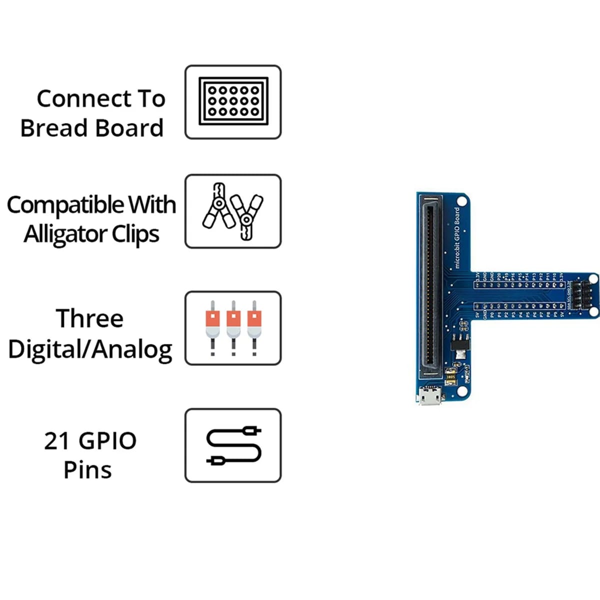 A képen egy micro:bit fejlesztőlaphoz készült T-típusú GPIO kiterjesztő látható, amely segít a micro:bit pinek könnyebb elérésében. A 5V és 3,3V kimenet miatt többféle elektronikai modulhoz is jól használható