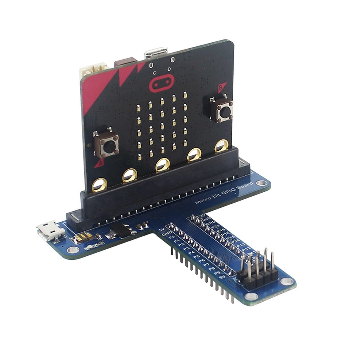 Micro:bit V2-höz illeszkedő T-típusú GPIO bővítőlap látható, amely rendezettebbé teszi a csatlakoztatást, és megkönnyíti a szenzorok, modulok és breadboardos elemek használatát. A 5V és 3,3V kimenet praktikusabbá teszi a fejlesztést.