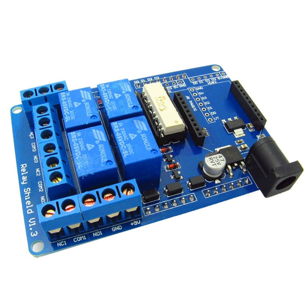 Négycsatornás Arduino relé modul kék panelen, csavaros sorkapcsokkal, DC tápcsatlakozóval és vezeték nélküli bővítéshez való XBee foglalattal automatizálási vezérlésekhez, műhelyben és oktatási projektekben egyaránt.