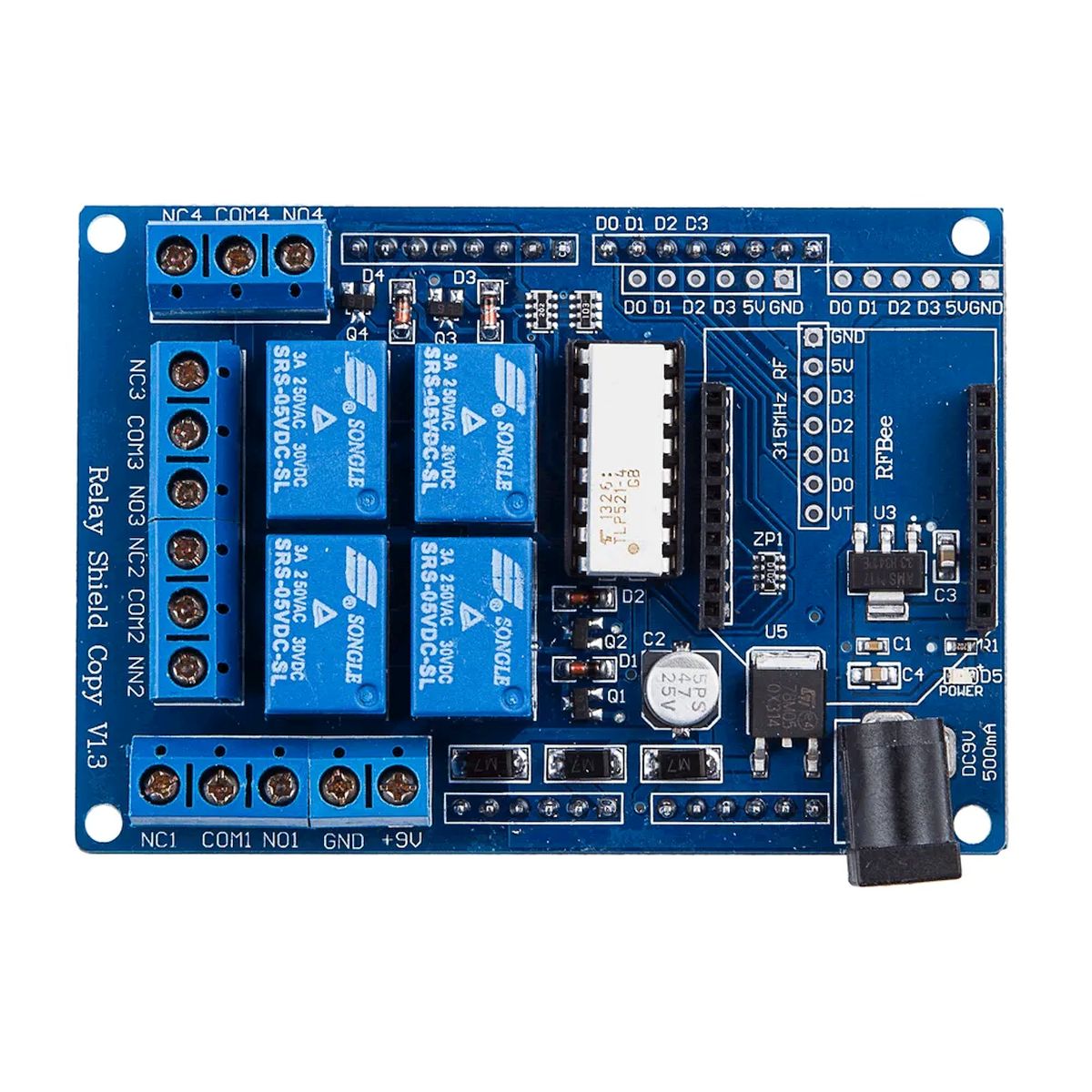 Arduino-kompatibilis Relay Shield V1.3 kék panelen, négy relécsatornával, csavaros csatlakozókkal és vezeték nélküli modulhelyekkel automatizálási projektekhez.