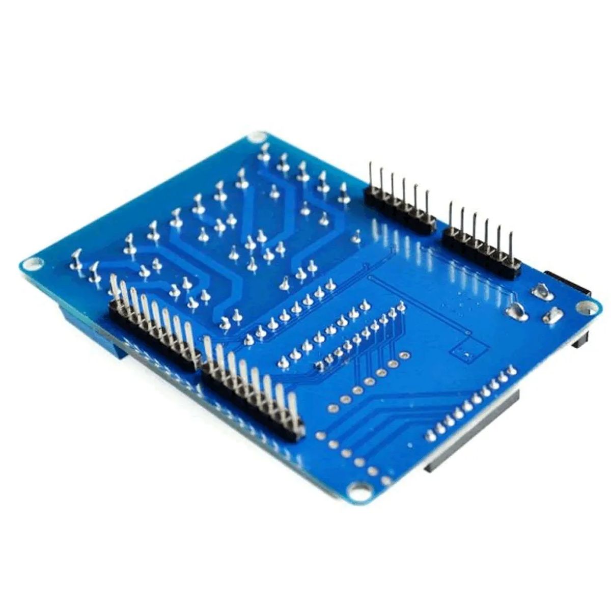Kék nyákra épített 4 csatornás relé shield Arduino kompatibilitással, XBee bővítőhellyel, csavaros kimenetekkel és külső tápcsatlakozóval.