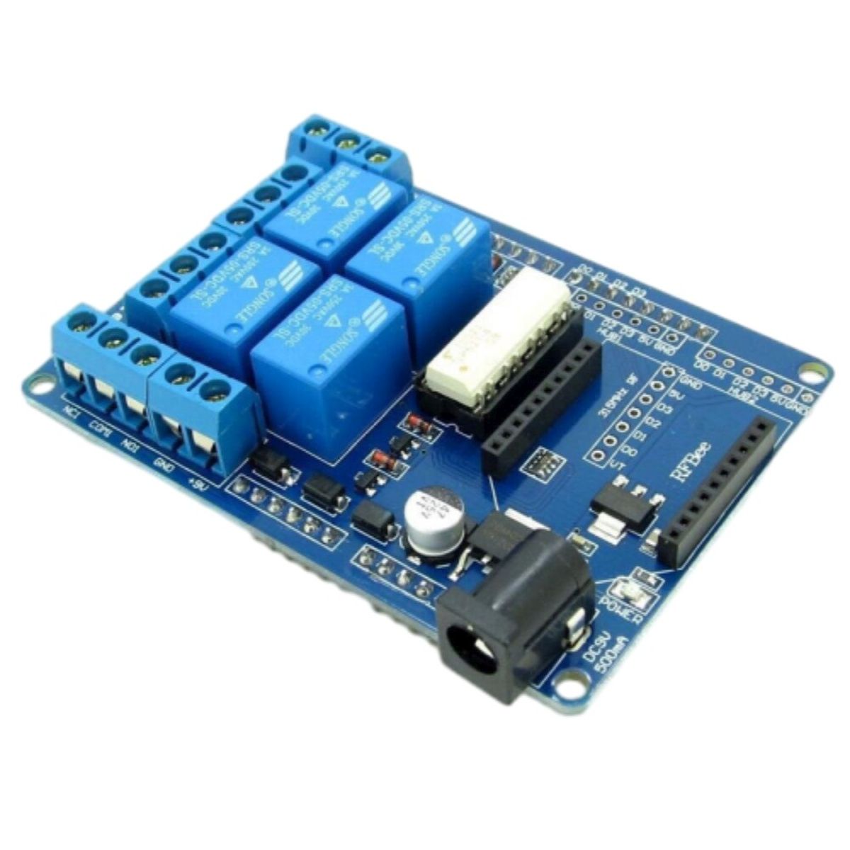 Arduino Relay Shield V1.3 négy kapcsolórelével, kék áramköri lapon, sorkapcsokkal és XBee kompatibilis foglalattal vezérlési kísérletekhez.