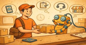 ð December – karácsonyi kiszállítások, elérhetőségek, határidők Egy csomagot kézbesítő futár átadja a küldeményt egy robotnak egy logisztikai központban, amely az ügyfélszolgálati automatizálás szimbóluma. AI-alapú ügyféltámogatás, 24/7 szolgáltatás és csomaglogisztika témában.