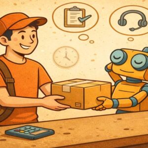 Egy csomagot kézbesítő futár átadja a küldeményt egy robotnak egy logisztikai központban, amely az ügyfélszolgálati automatizálás szimbóluma. AI-alapú ügyféltámogatás, 24/7 szolgáltatás és csomaglogisztika témában.