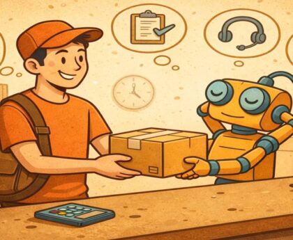 Egy csomagot kézbesítő futár átadja a küldeményt egy robotnak egy logisztikai központban, amely az ügyfélszolgálati automatizálás szimbóluma. AI-alapú ügyféltámogatás, 24/7 szolgáltatás és csomaglogisztika témában.