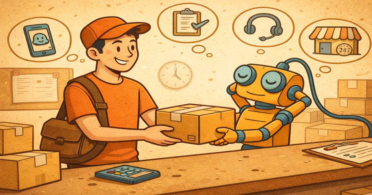 Egy csomagot kézbesítő futár átadja a küldeményt egy robotnak egy logisztikai központban, amely az ügyfélszolgálati automatizálás szimbóluma. AI-alapú ügyféltámogatás, 24/7 szolgáltatás és csomaglogisztika témában.